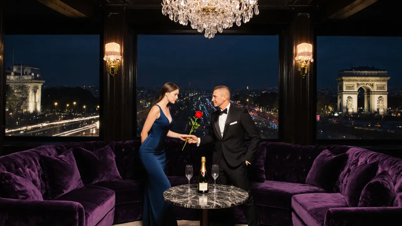 VIP lounge scene with escort, rose, champagne and Paris skyline view.