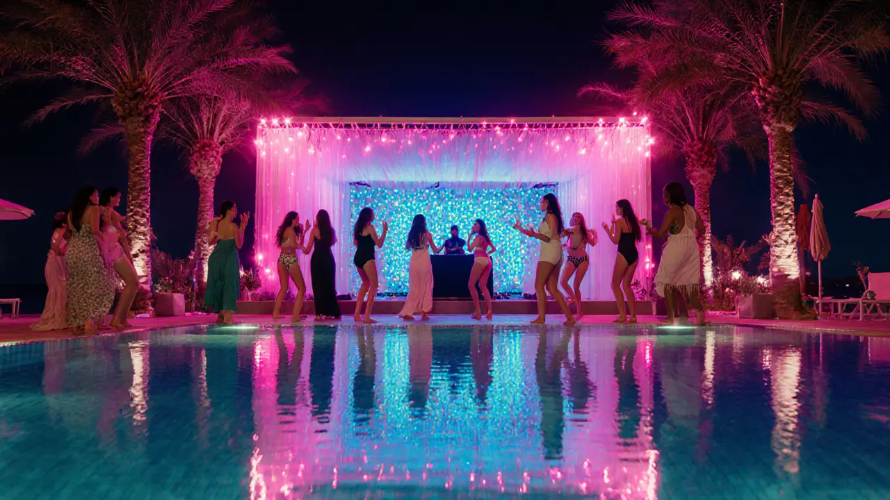 Women dancing at Mudd Beach Club poolside under pink and turquoise lights at night.