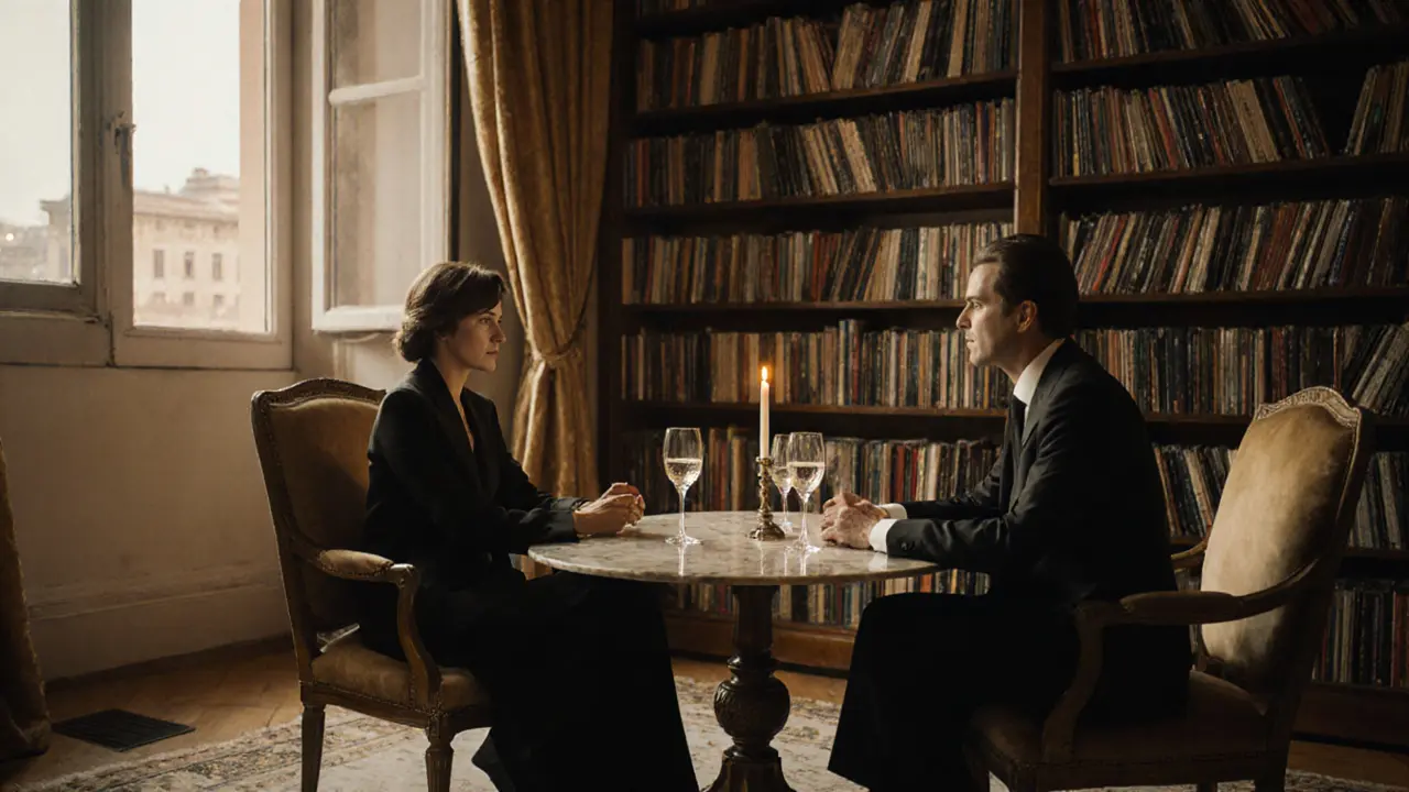 A companion and client share quiet conversation over wine in a luxurious villa salon with art books and candlelight.