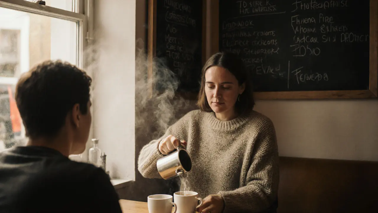 A compassionate meeting over coffee in a cozy London café with a &#039;No Judgment&#039; sign.