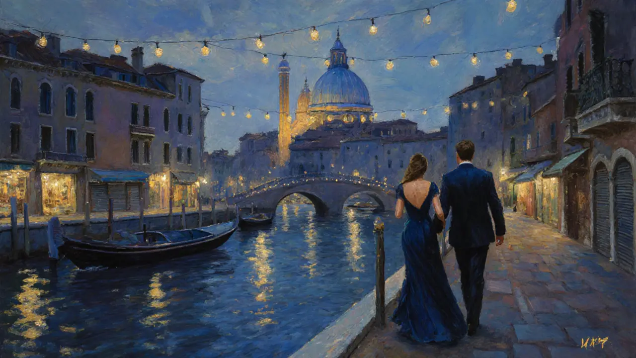 A couple walks along Milan’s Navigli canal at twilight, the Duomo glowing faintly in the distance under string lights.