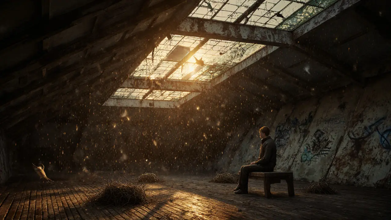 A decaying spy station attic at sunset, rain falling through broken glass, golden light on wooden floors, lone figure in quiet solitude.