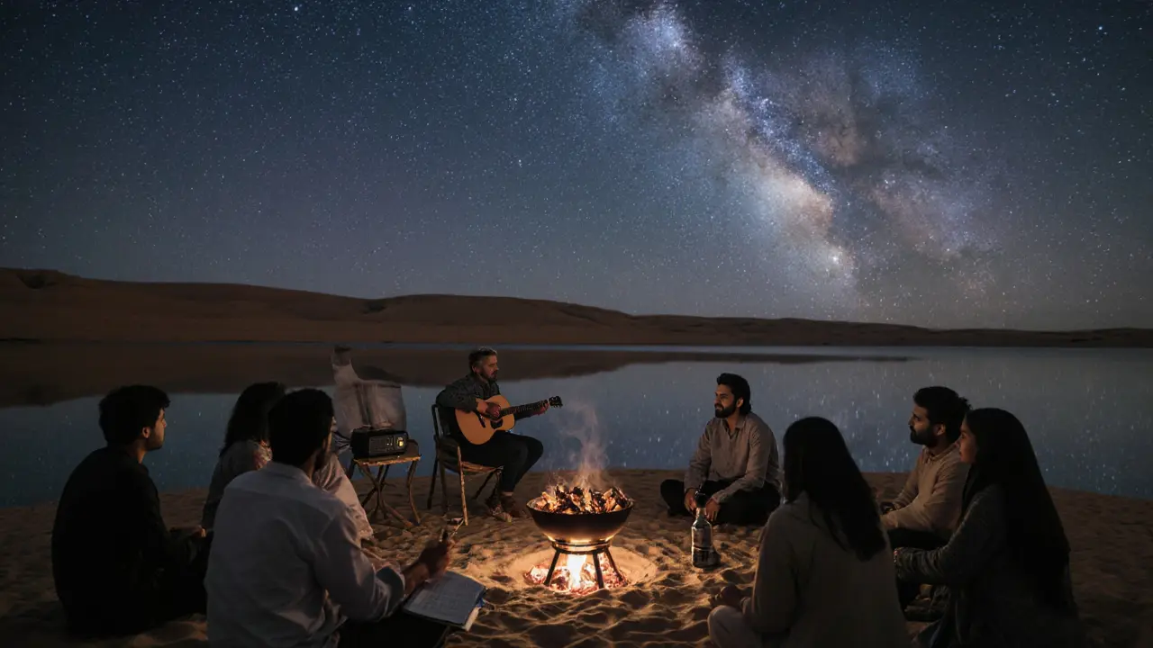 A group of friends gathered under the stars at a desert lakeside meetup, sharing food and music by a small stove.