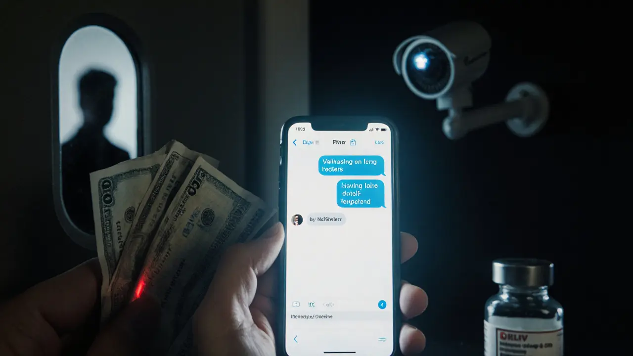 A hand holding a burner phone with encrypted messages and a STI test kit beside a cash payment, security camera visible.