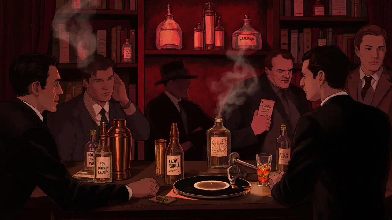 A hidden 1920s speakeasy with dim red lighting and patrons enjoying quiet cocktails.