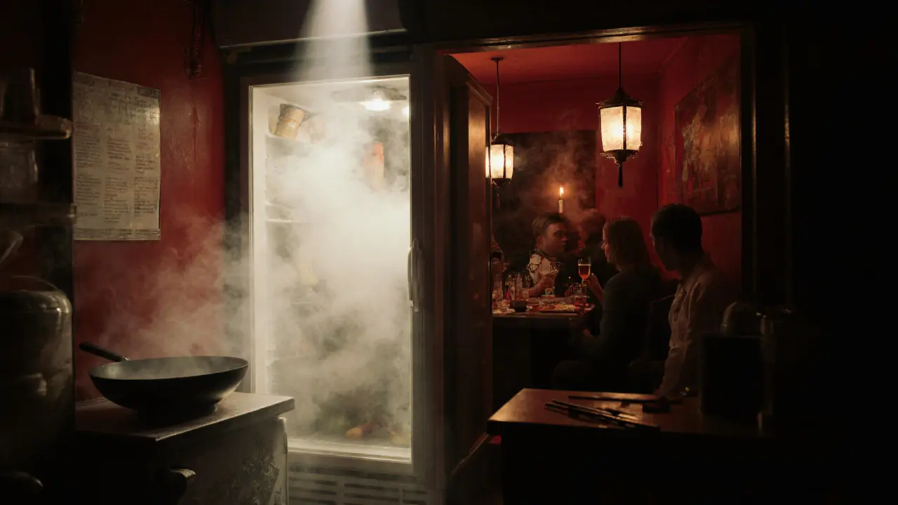 A hidden bar revealed behind a fridge in a Chinese takeaway, glowing with warm candlelight.