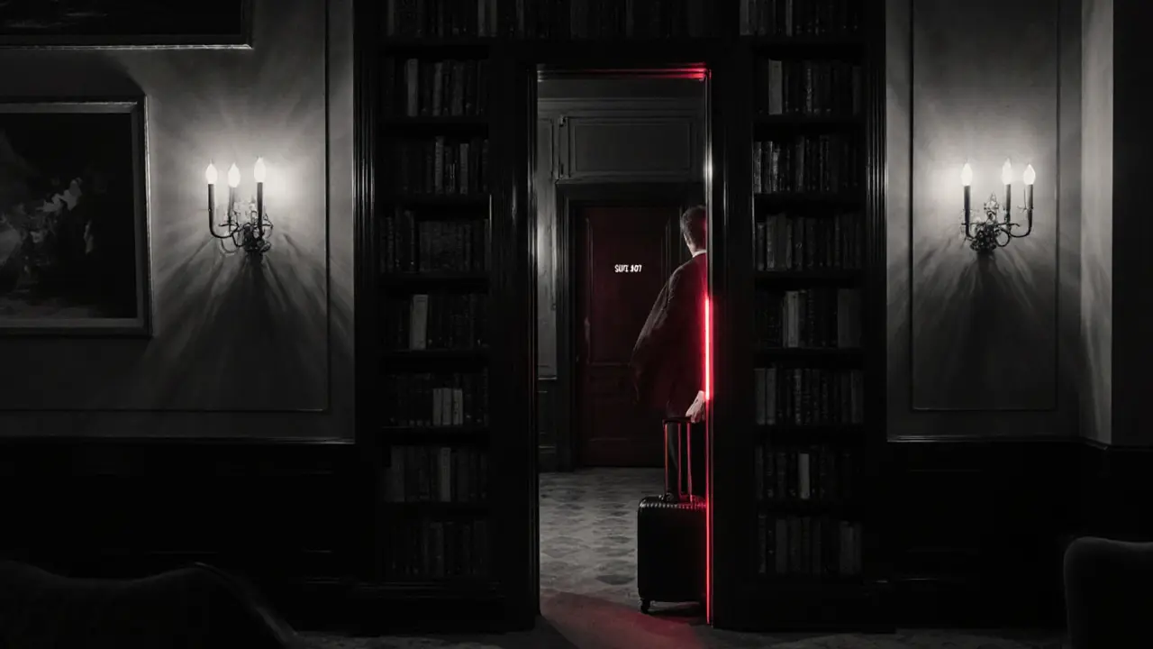 A hidden entrance behind a bookshelf leading to a private hotel hallway.
