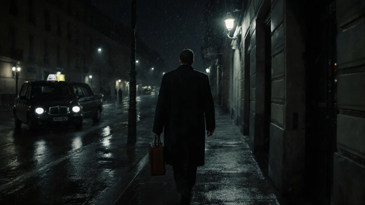 A lone figure walking away from an apartment entrance in rainy Paris at night, a taxi waiting at the curb under dim streetlights.