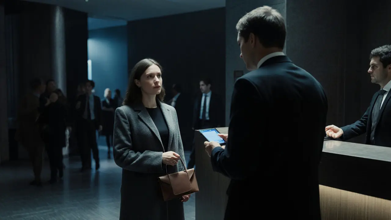 A man and woman meeting professionally in a Berlin hotel lobby at night.