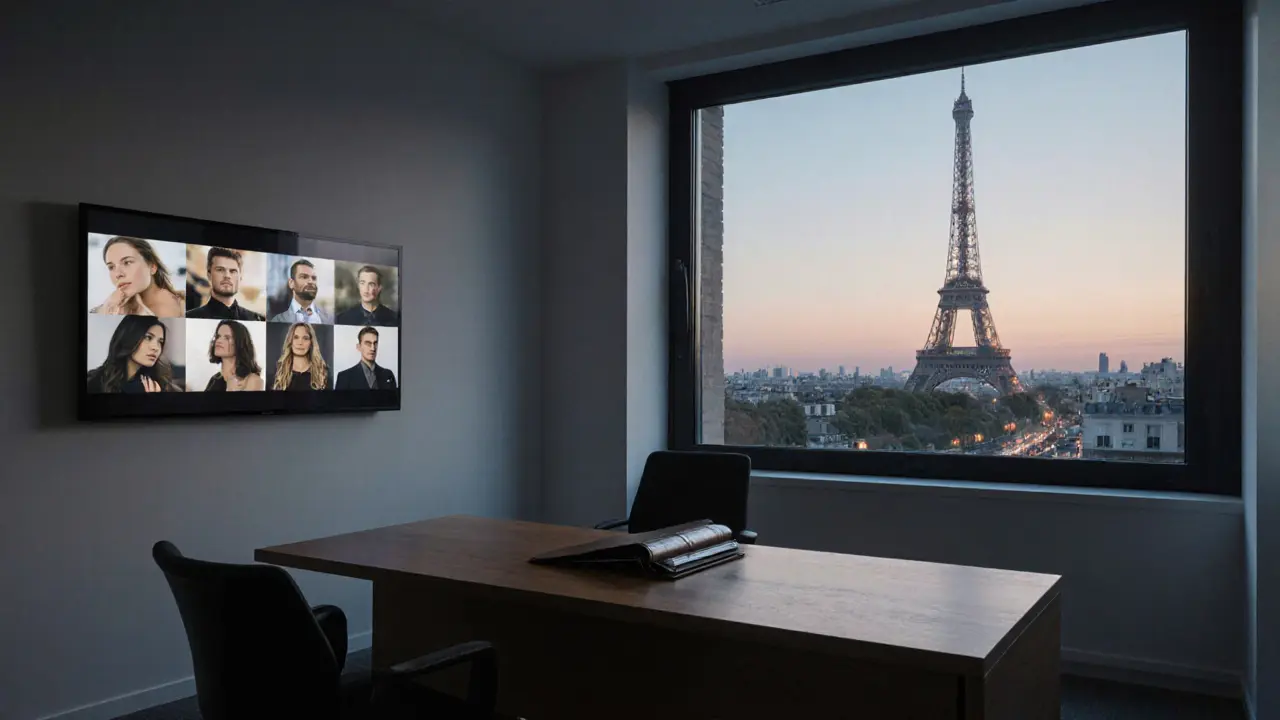 A minimalist Paris escort agency office with curated profiles and city views.