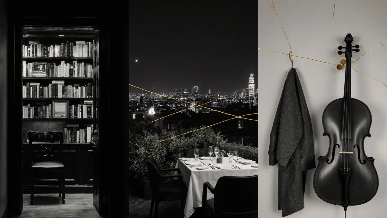 A mosaic of London’s hidden spaces—speakeasy, rooftop, dining room—connected by a golden thread.