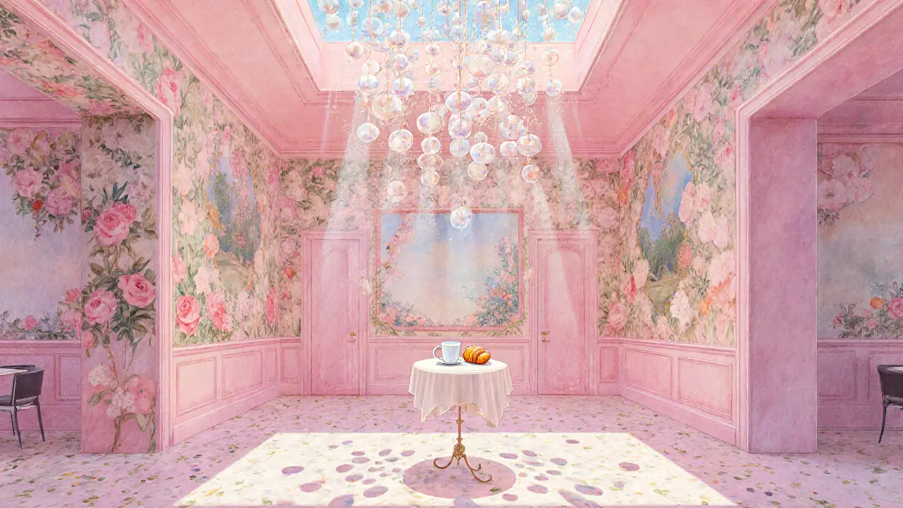 A pink, floral-covered interior with a sparkling chandelier and delicate porcelain tableware bathed in soft daylight.