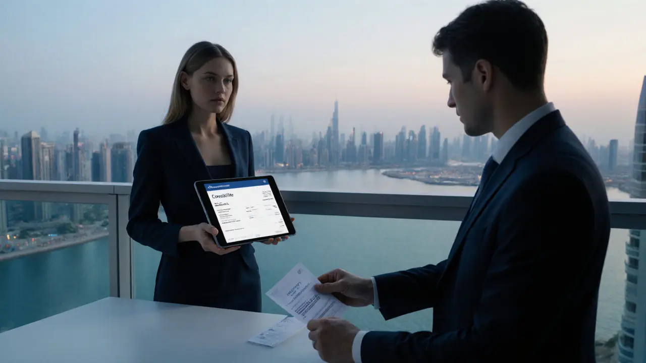 A professional companion and client exchanging a digital payment on a balcony with Dubai skyline in background.