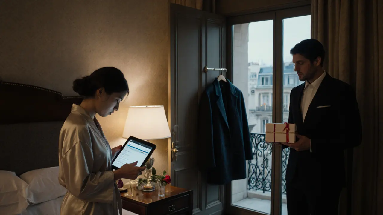 A professional escort in a silk robe checking a tablet in a luxury hotel room, while a man waits respectfully by the door.
