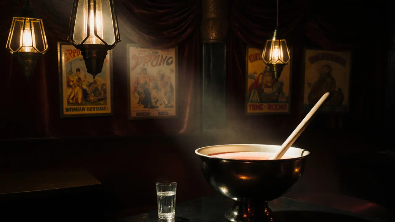 A quiet, lantern-lit basement bar with vintage circus posters and a large punch bowl, no people in sight.