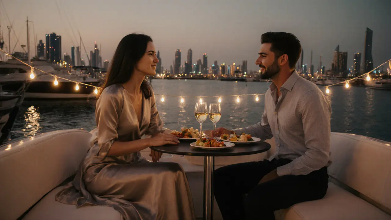 A refined couple on a private yacht at dusk, enjoying wine and conversation with city lights behind them.