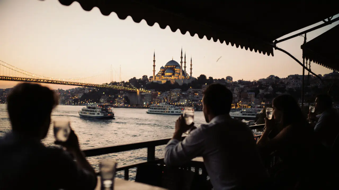 A rooftop bar in Karaköy at dusk with silhouettes of people enjoying drinks as the Bosphorus Bridge glows in the background.