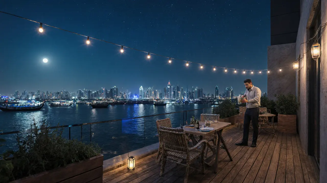 A serene rooftop above Dubai Creek at night, with mismatched chairs, herbal cocktails, and silent dhows gliding below.