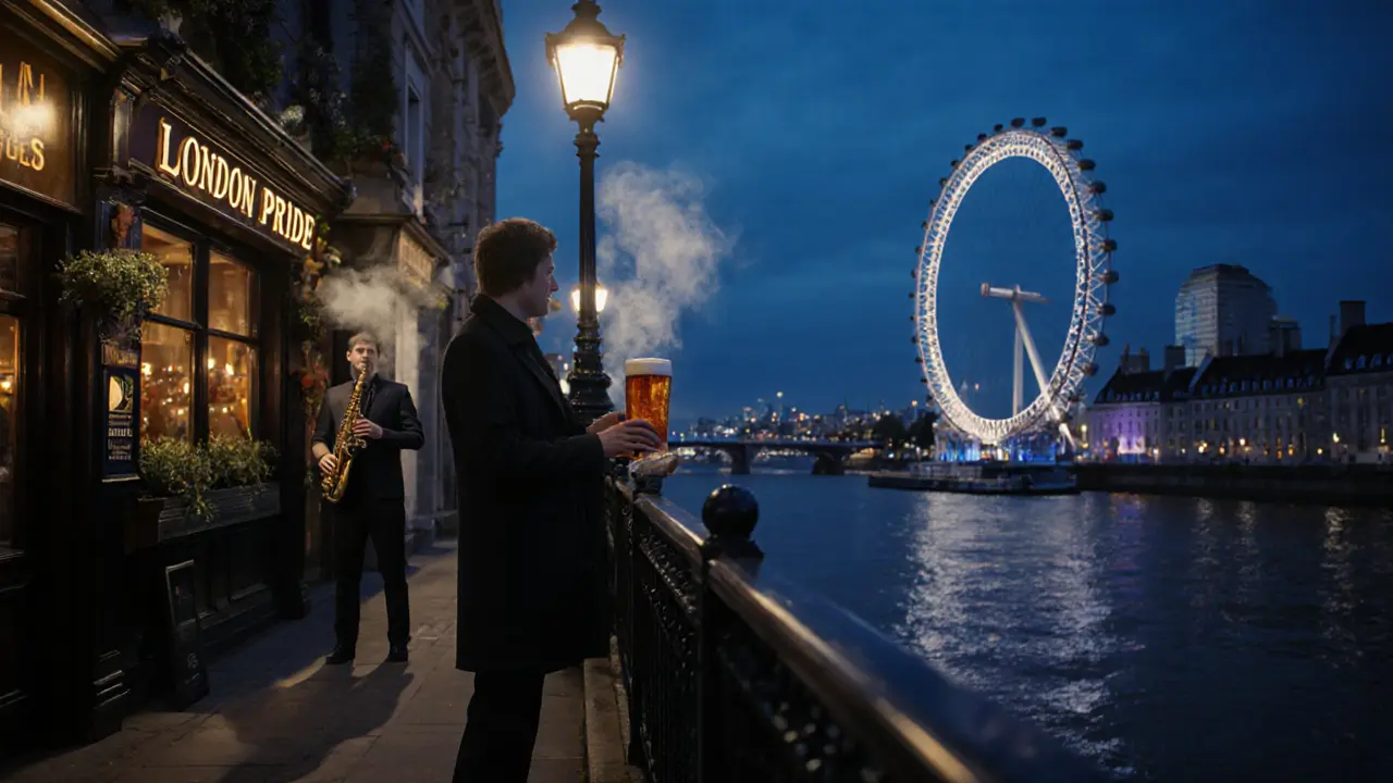 A solitary figure by the Thames at dawn, holding a pint as the London Eye glows behind them.