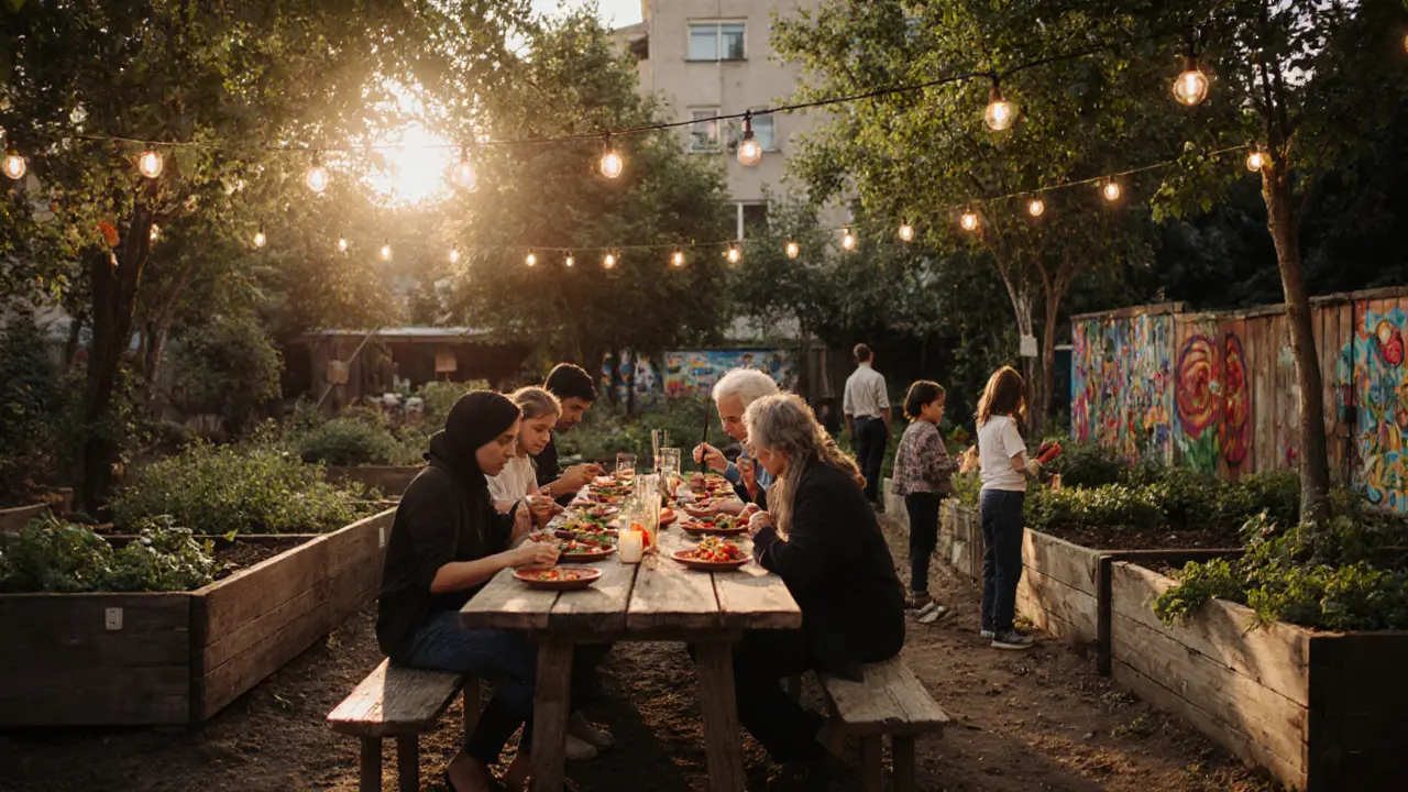 A vibrant community garden at dusk with diverse people sharing a meal under string lights, raised beds, and painted wood murals.