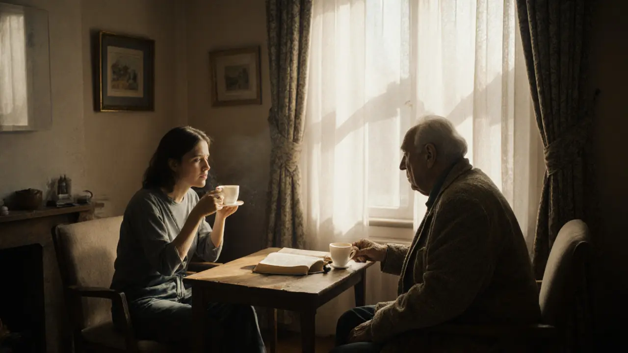 A woman and an elderly man sharing tea in quiet companionship, no transaction — just human connection.