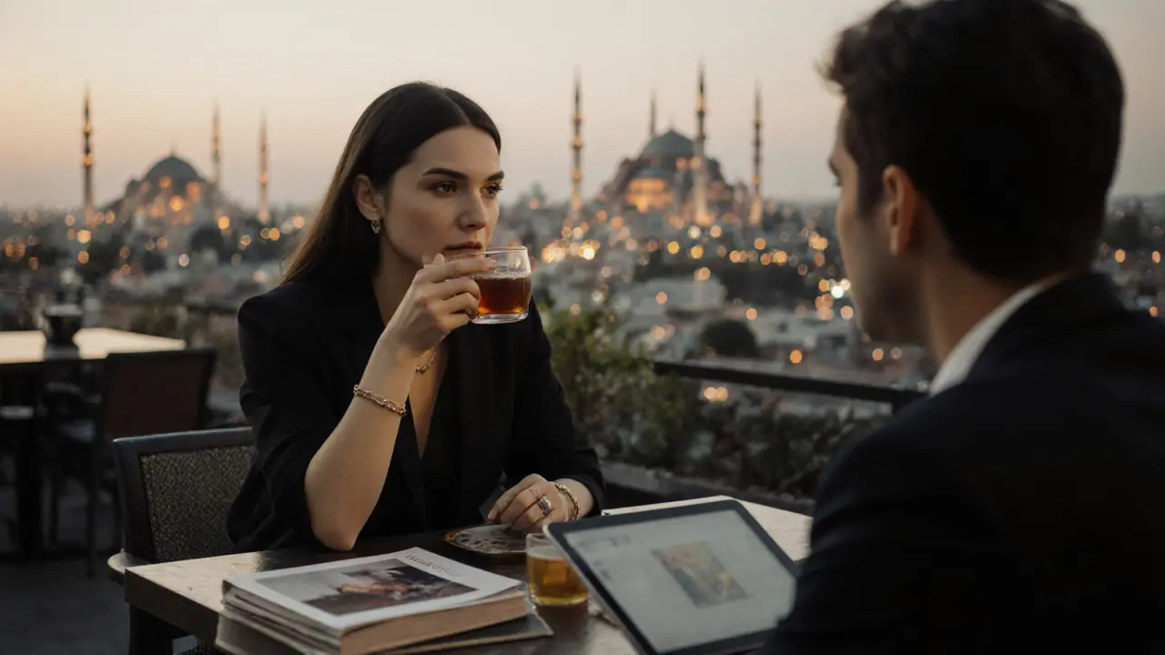 A woman listening intently to a man on a rooftop bar, surrounded by the serene glow of Abu Dhabi at night.