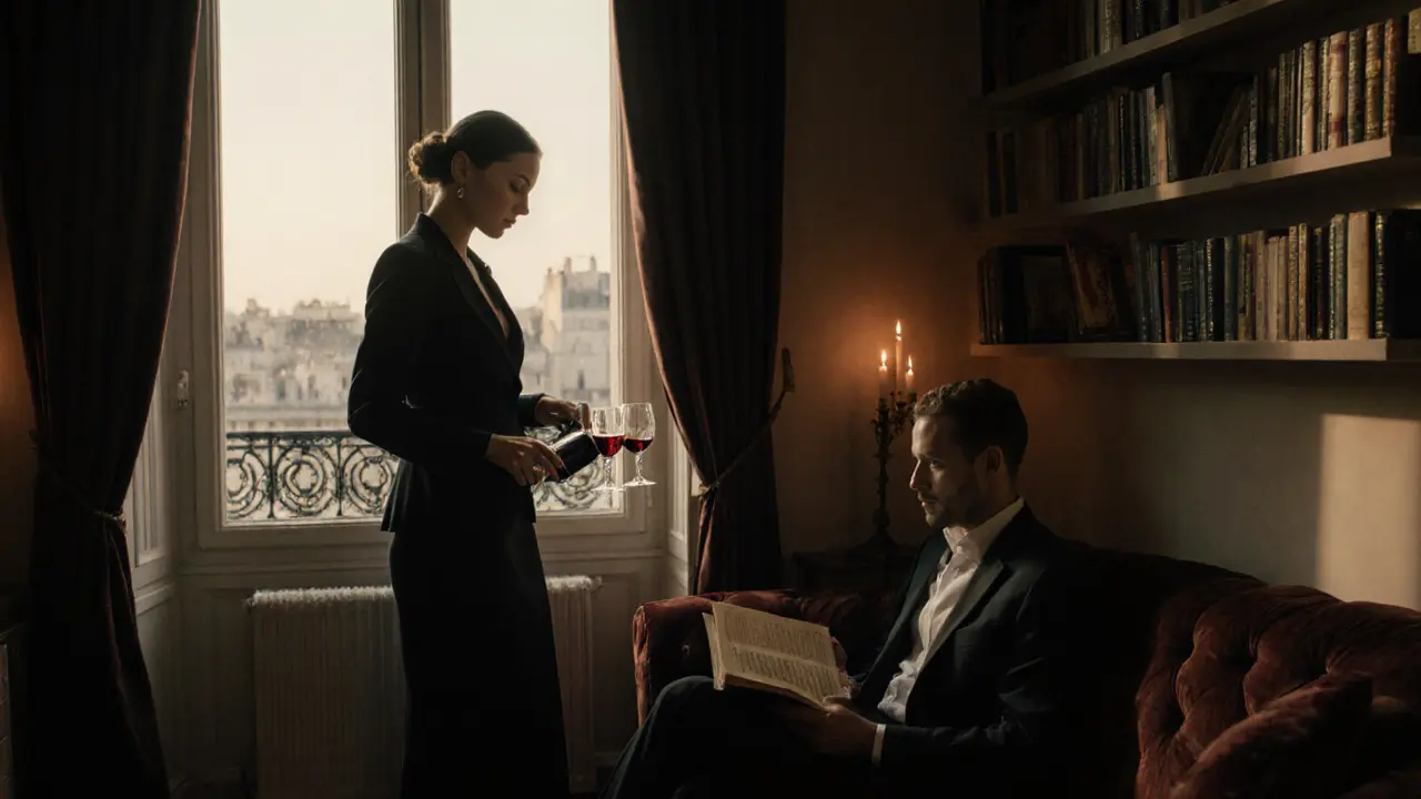 A woman pours wine in a luxurious Paris apartment, books and art surrounding them in soft candlelight.