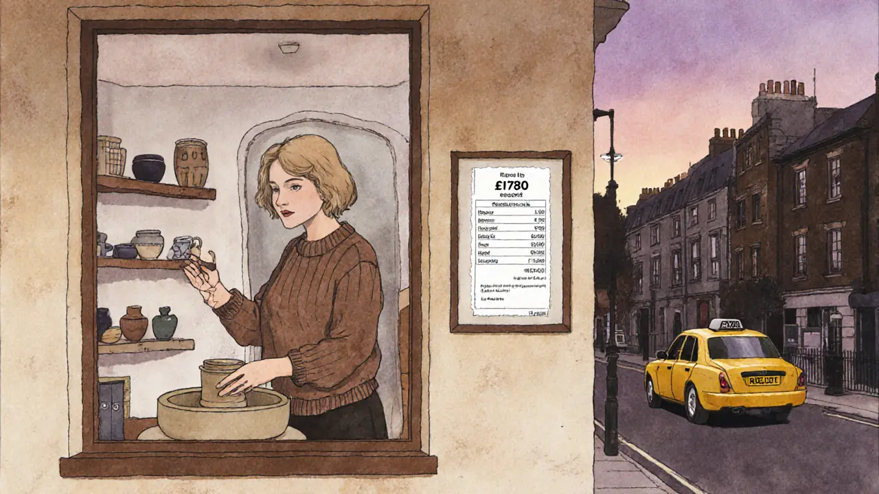 A woman working on pottery in her art studio, with an escort payment receipt visible on the wall beside her.