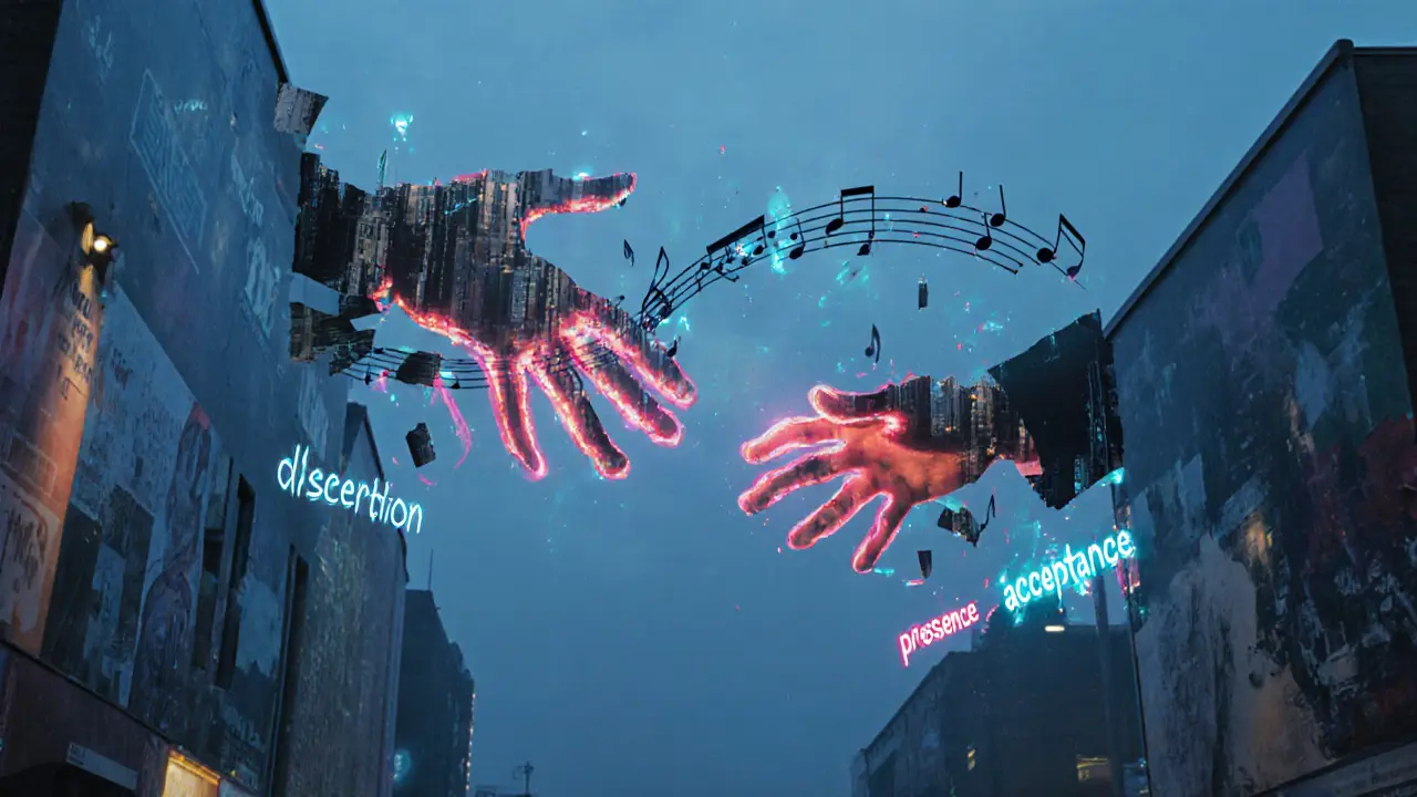 Abstract Berlin skyline with floating hands and neon words symbolizing connection and acceptance.