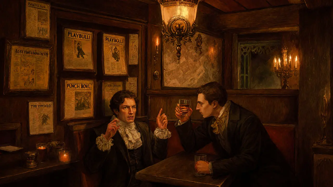 Actors in evening wear talking quietly in a historic pub booth, walls covered in vintage playbills, warm candlelight.