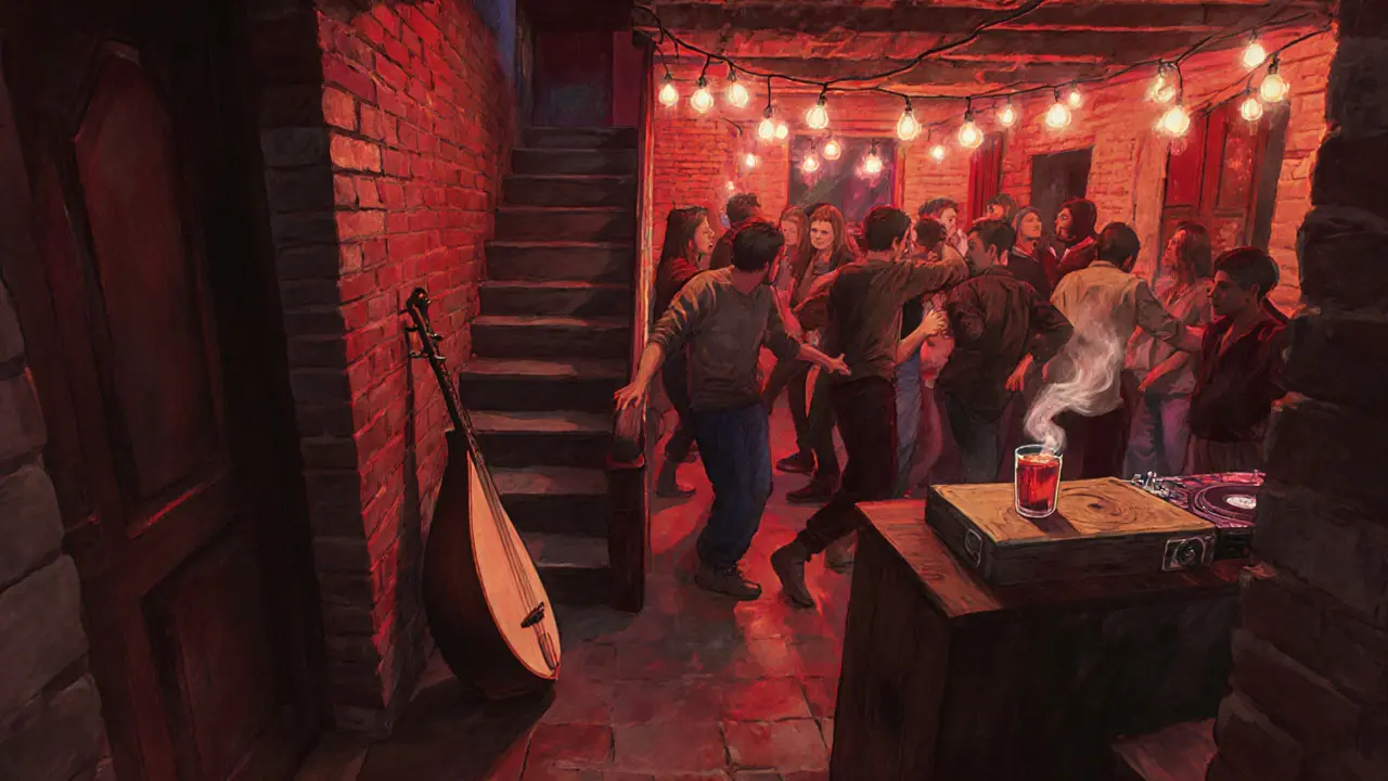 An underground club in Istanbul&#039;s basement with dim red lights, a DJ mixing music, and a crowd dancing among vintage speakers.