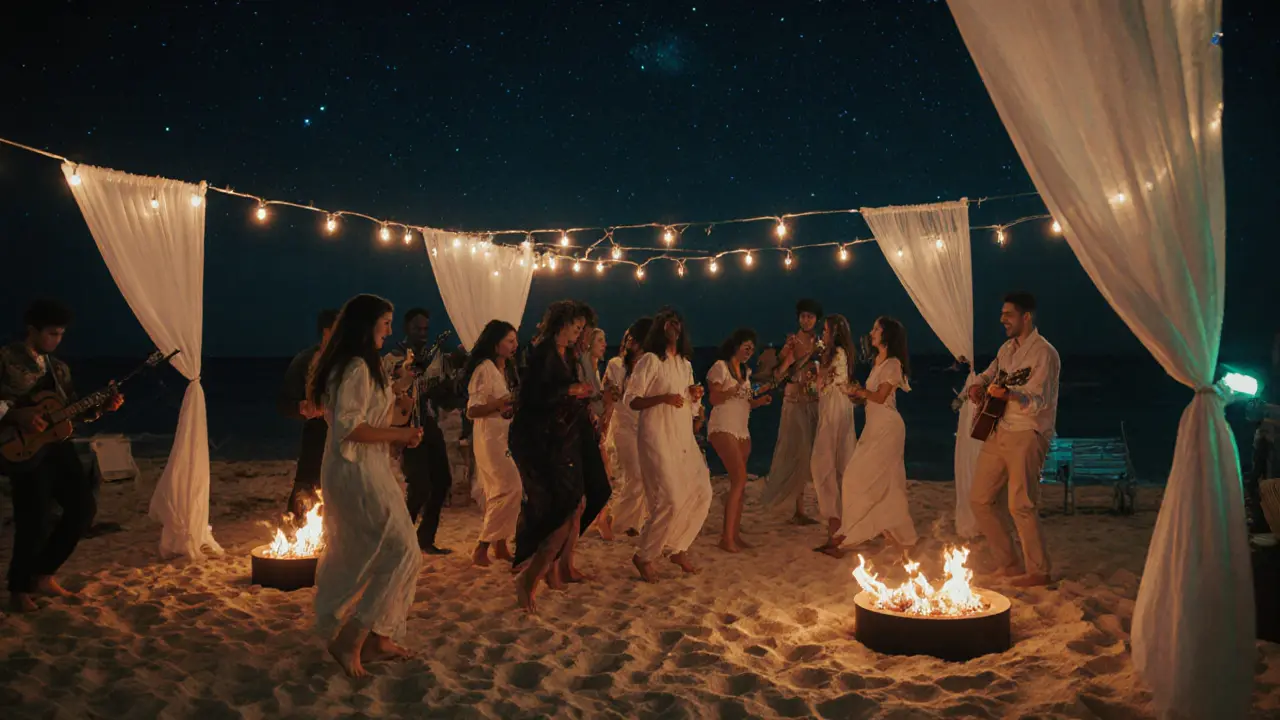 Beach club dancing under stars with fire pits and acoustic music