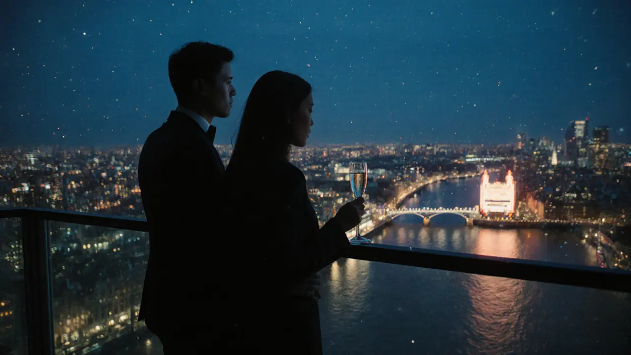 Couple at Sky Garden overlooking London at night, city lights glowing, holding wine glasses after a theatre performance.