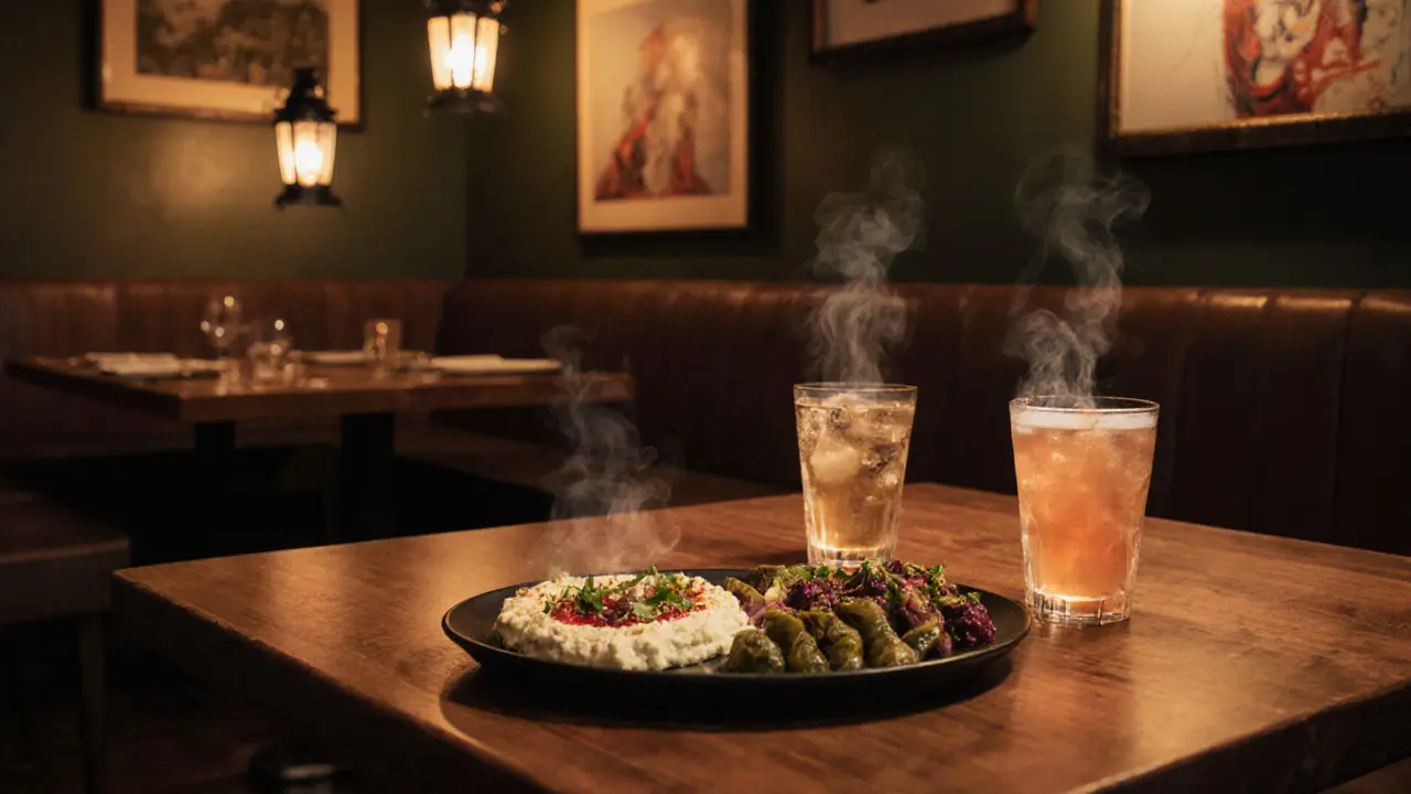 Couples sharing mezze platters and drinks at Al Hallab bar, warm lantern lighting, cozy Lebanese interior.