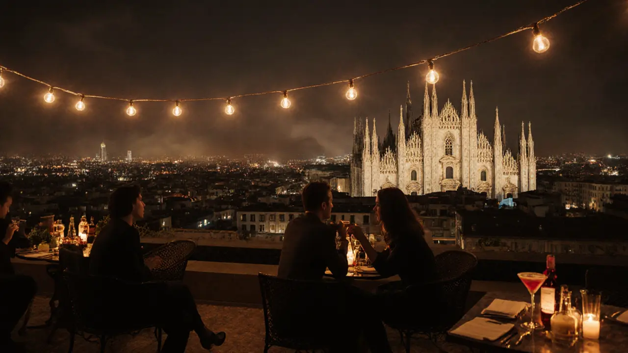 Couples sipping cocktails on a rooftop terrace with Milan&#039;s Duomo in the background.