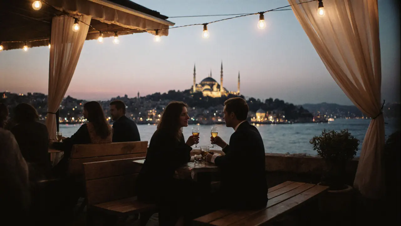 Cozy rooftop bar at dusk with string lights, city skyline glowing across the Bosphorus in the background.