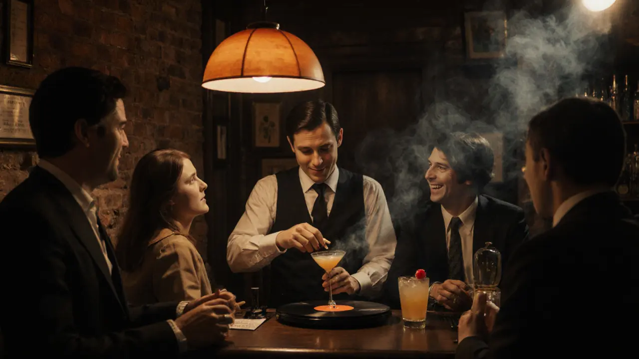 Cozy underground speakeasy with vintage decor, vinyl records, and patrons in retro attire under warm lamplight.