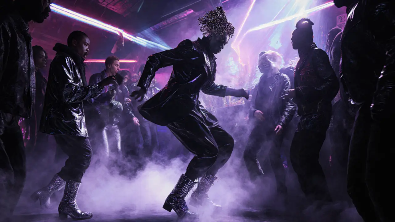 Crowd dancing at Fabric club in avant-garde fashion under moody neon lights and smoke.