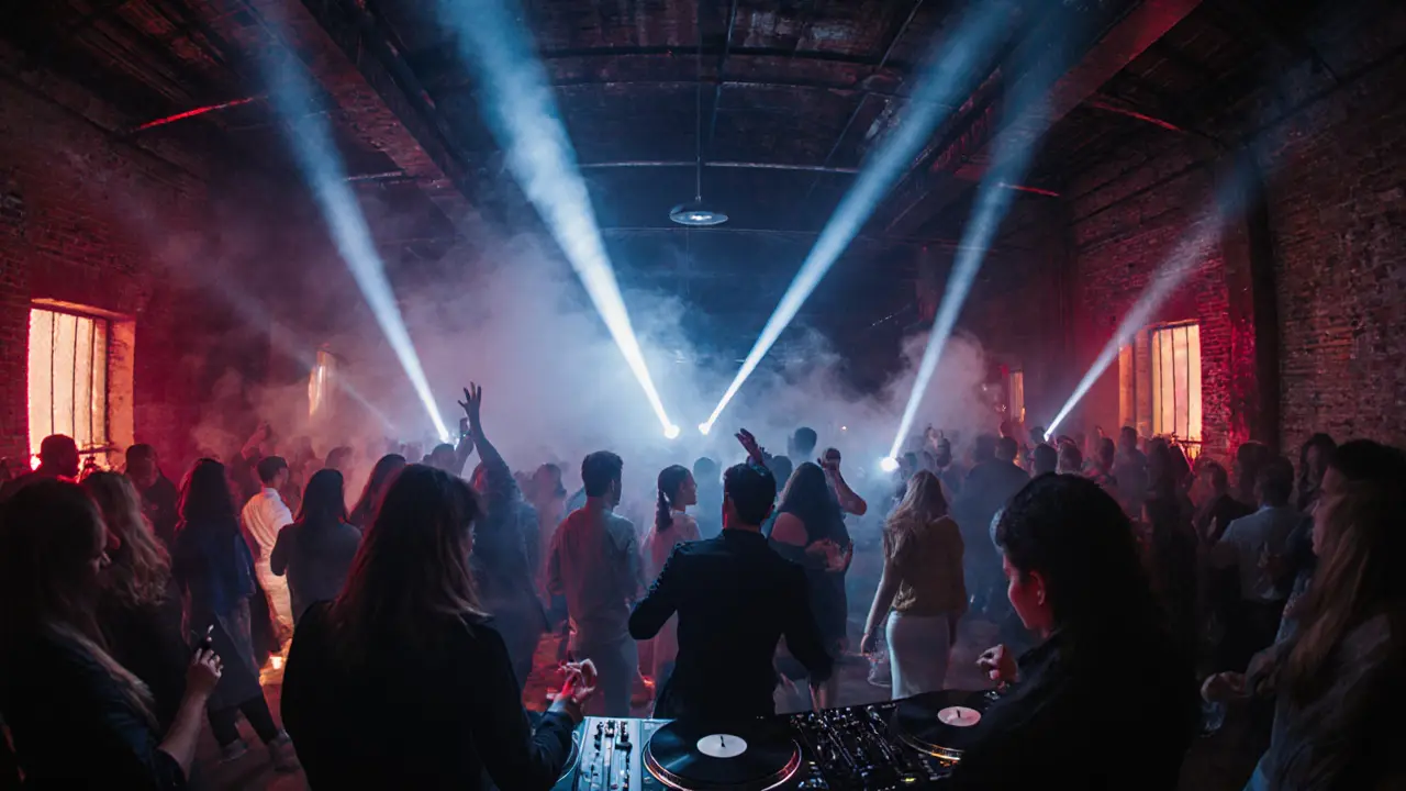 Crowd dancing in a neon-lit warehouse club with industrial architecture.