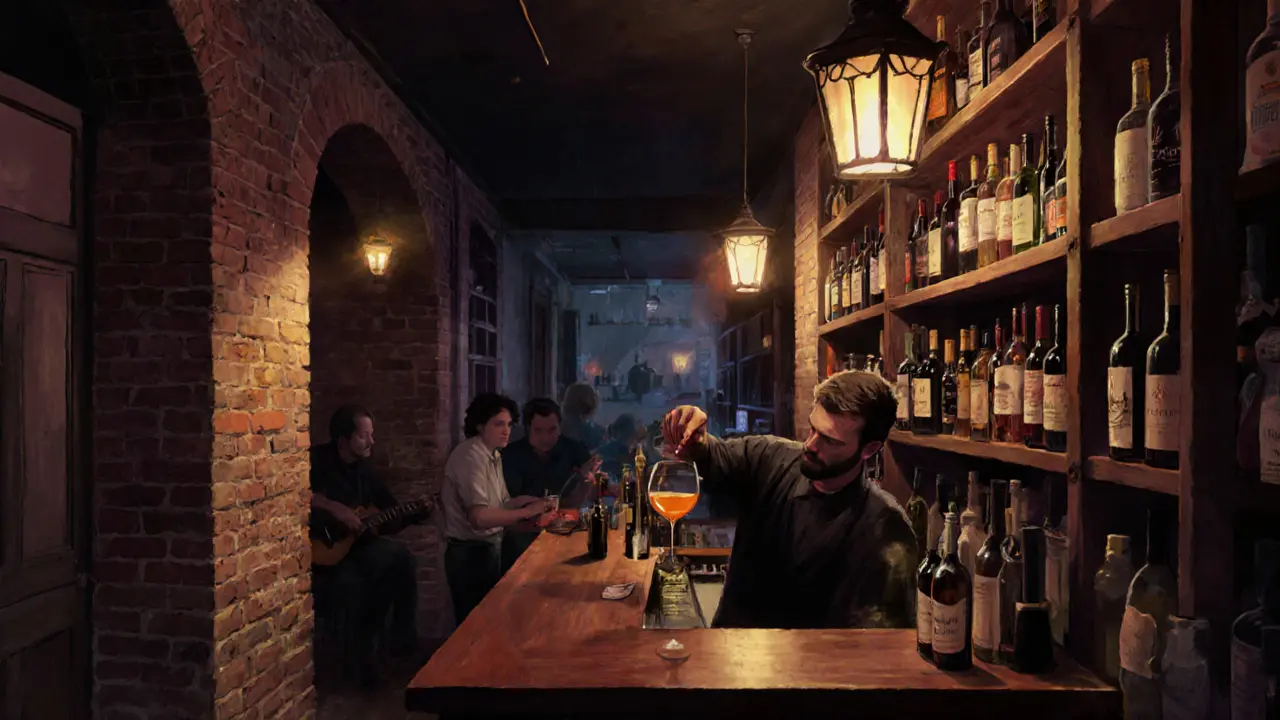 Dimly lit bar with bartender pouring orange wine, patrons in bohemian attire, obscure wine bottles on display.