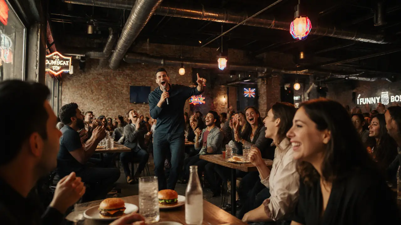 Diverse audience laughing at a comedian in a trendy Dubai gastropub with cocktails and industrial decor.