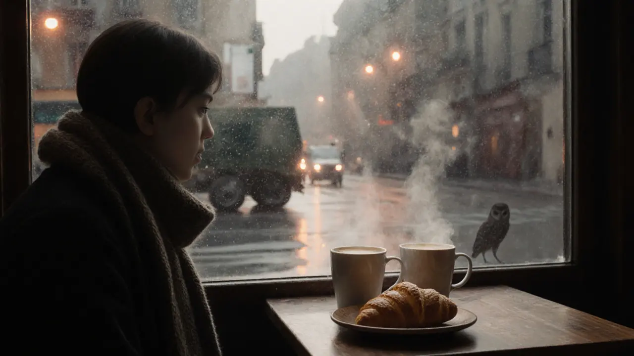 Early morning bistro interior with steam from coffee and a croissant, fogged windows showing quiet streets.
