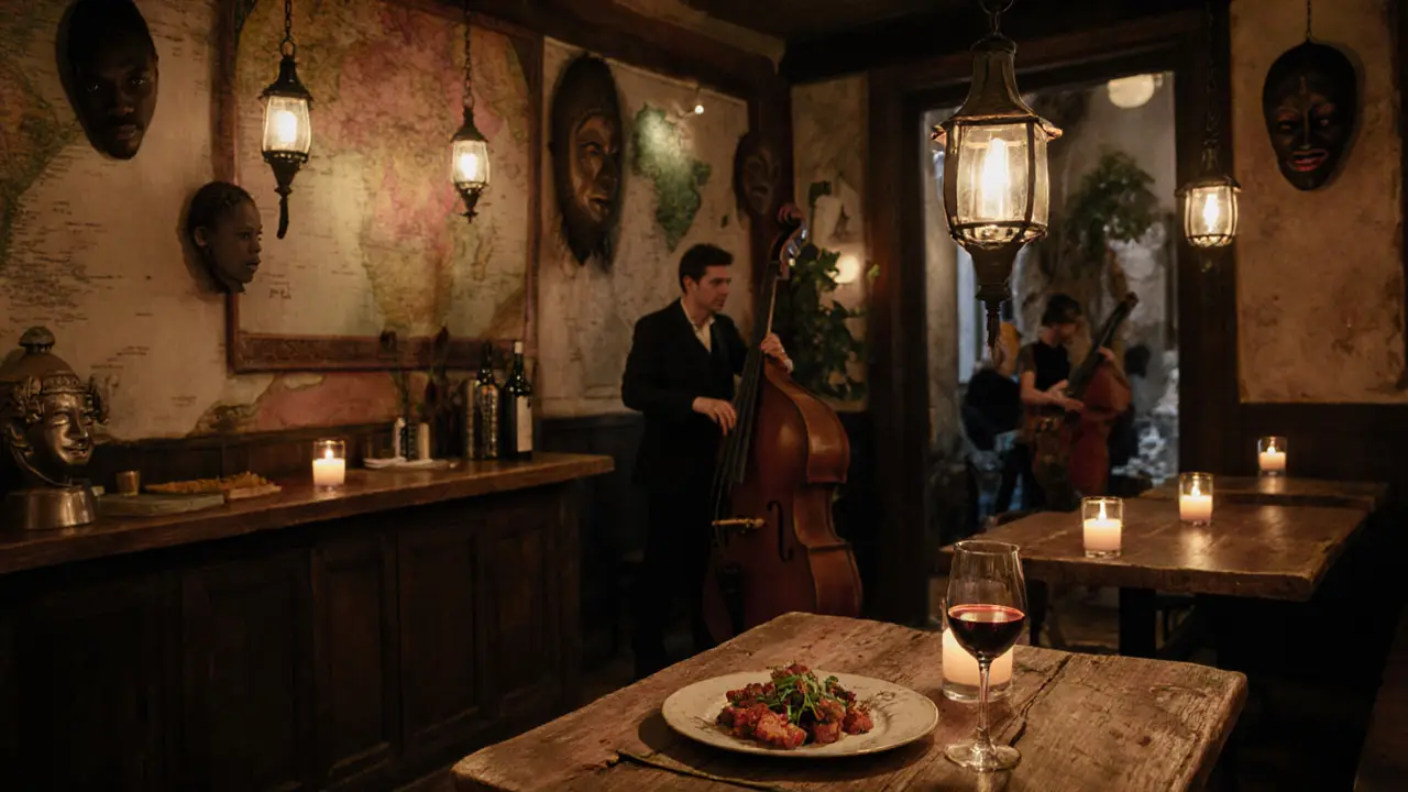 Eclectic wine bar with African decor, live music, and global wines served alongside spiced small plates.