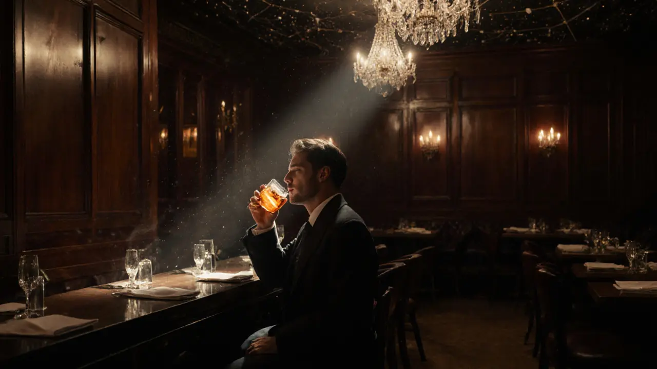 Elegant 1920s bar with mahogany panels and constellations on ceiling, guest sipping an Old Fashioned in silence.