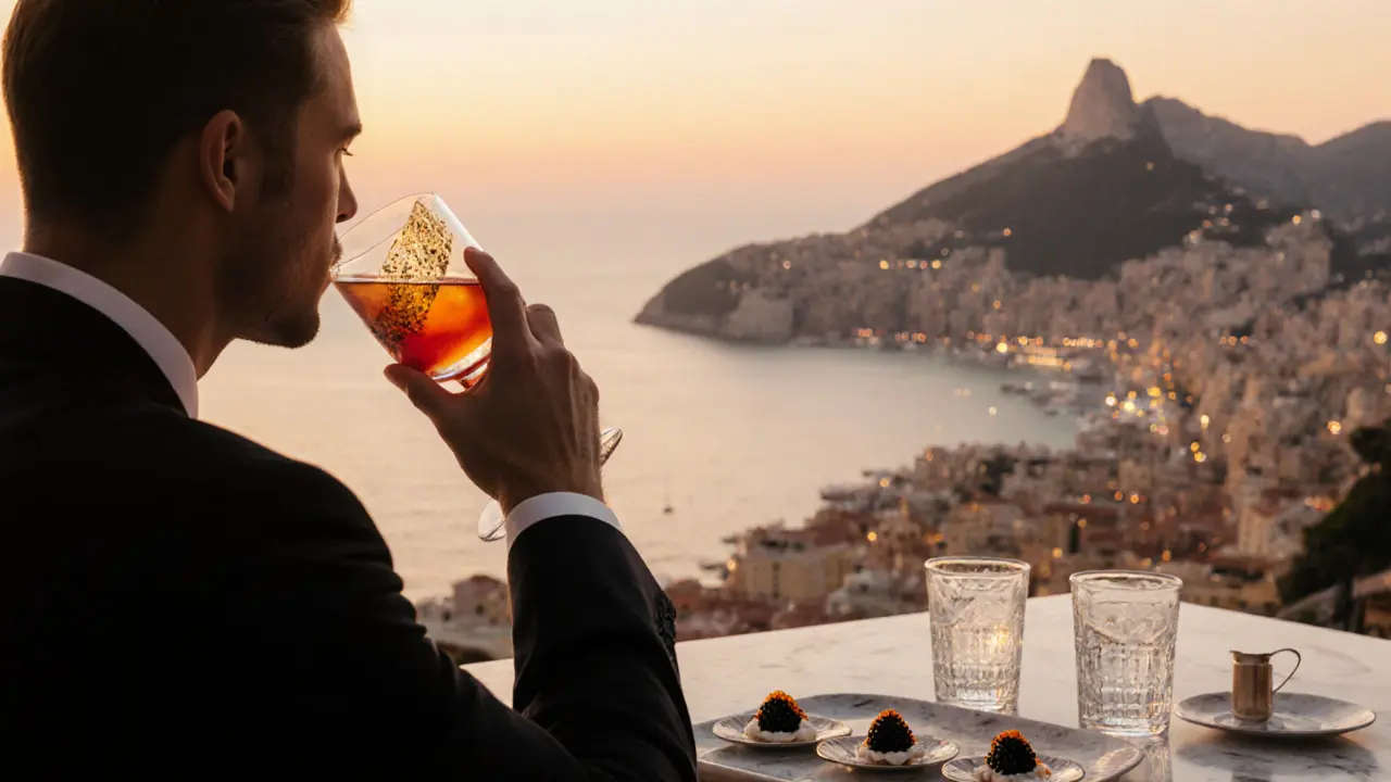 Elegant guest sipping a golden cocktail at a rooftop bar overlooking Monaco&#039;s Mediterranean coastline at sunset.