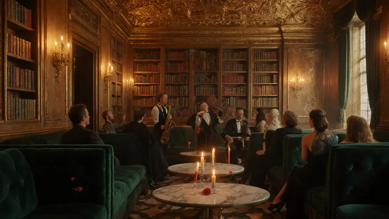 Elegant guests in evening wear sit in a gold-leafed jazz lounge with hidden bookshelves and candlelit marble tables.