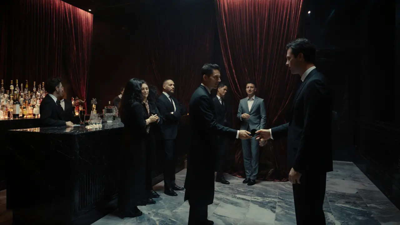 Elegant guests socializing discreetly in an exclusive members-only club in Dubai.