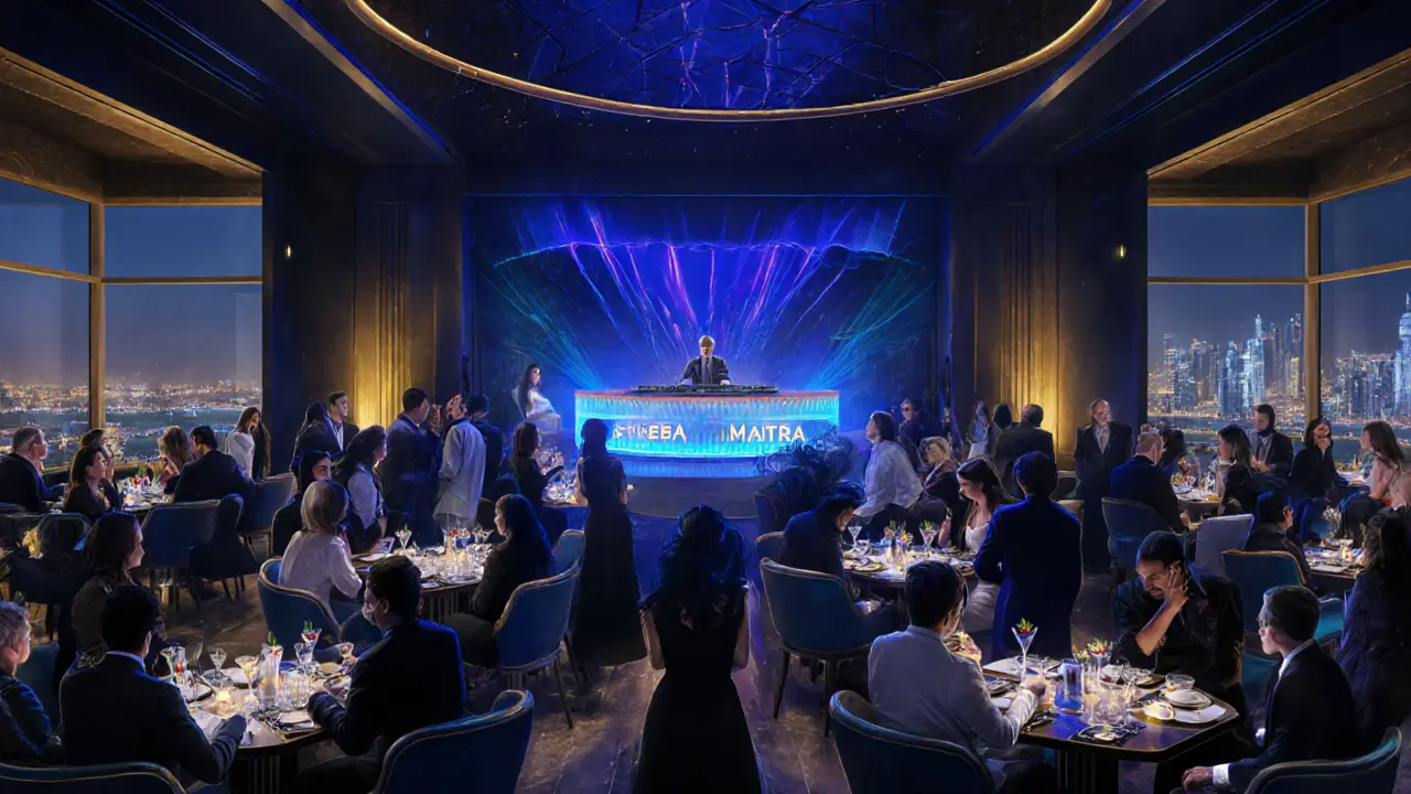 Elegant nightclub interior with DJ, VIP tables, and city skyline views.