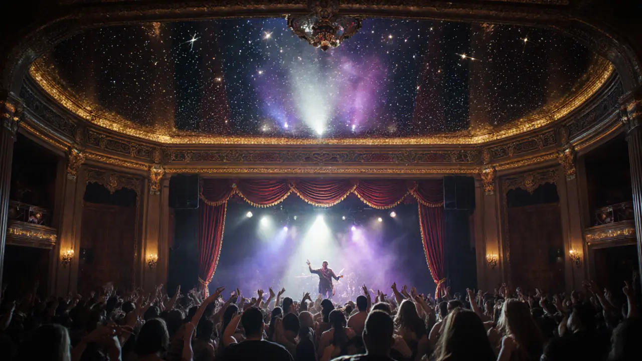 Former theater turned nightclub with star-painted ceiling and dancers under glowing strobe lights.