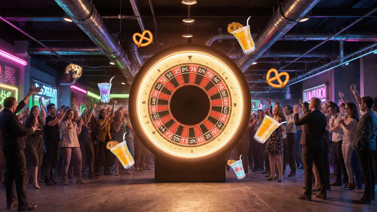 Glowing discount roulette wheel at Moxy Dubai Marina with floating cocktails and cheering crowd, neon industrial vibe.